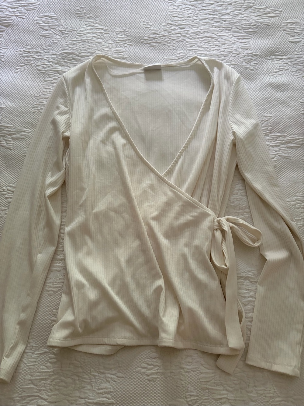 VILA Cream Ribbed ballet style Wrap Top - Long Sleeve